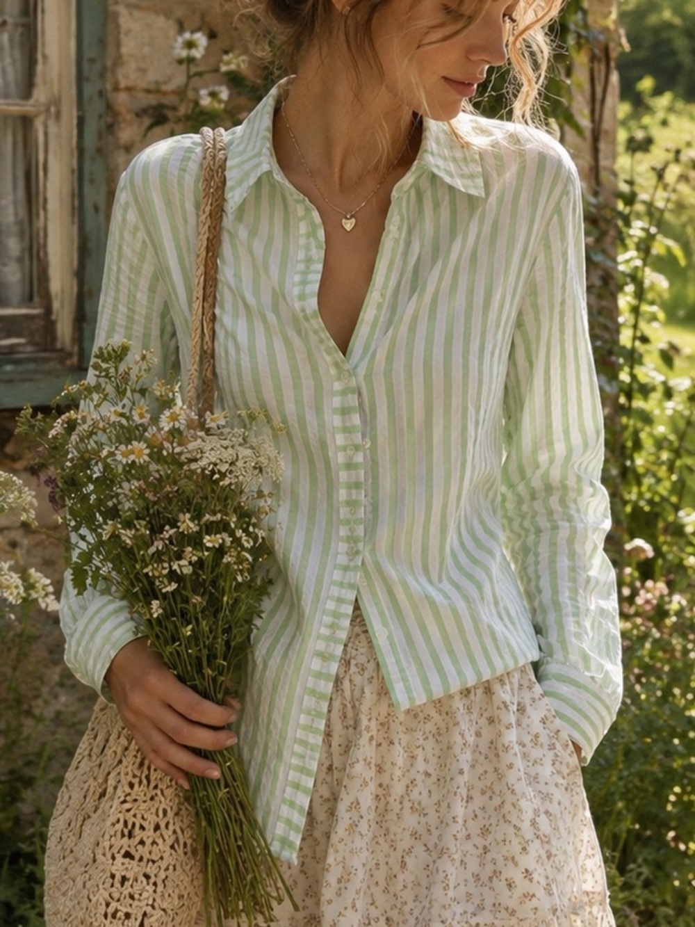 Isaac Mizrahi Light Green and White Striped Button-Down Shirt
